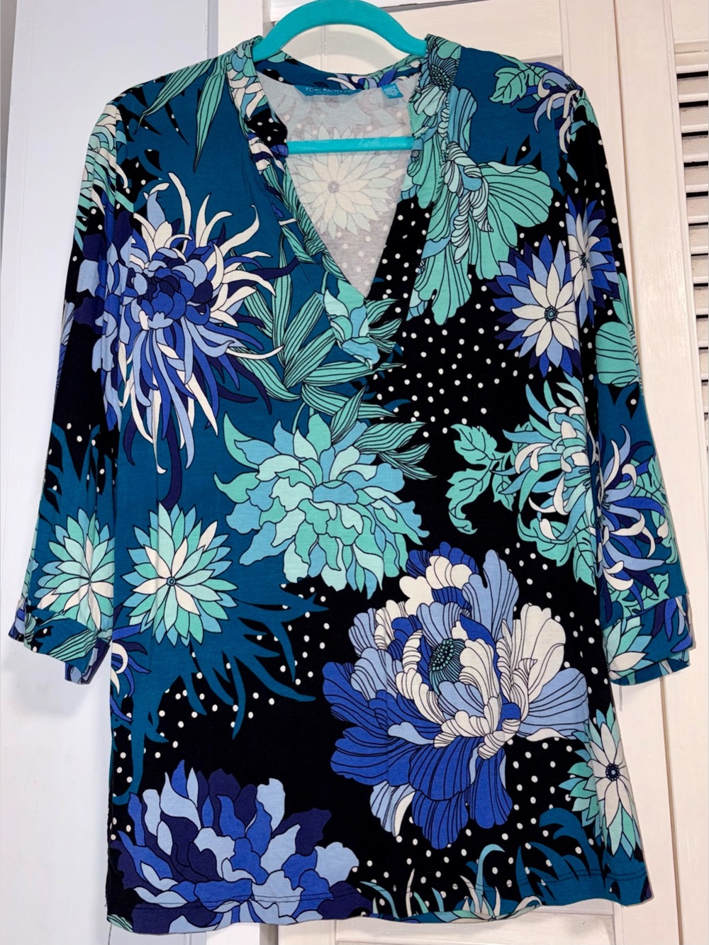 Tori Richard Teal & Navy Floral V-Neck Tunic, M, likenew